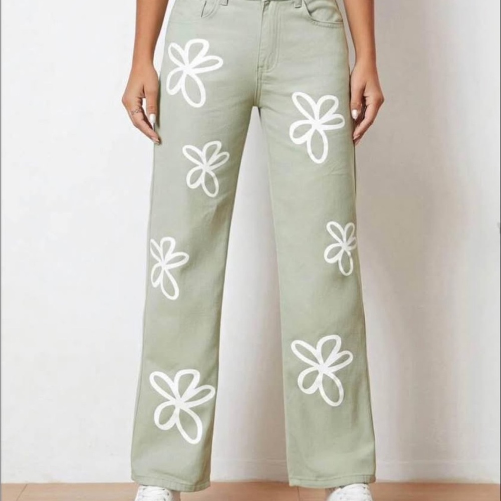 Floral Embroidered Green Jeans
